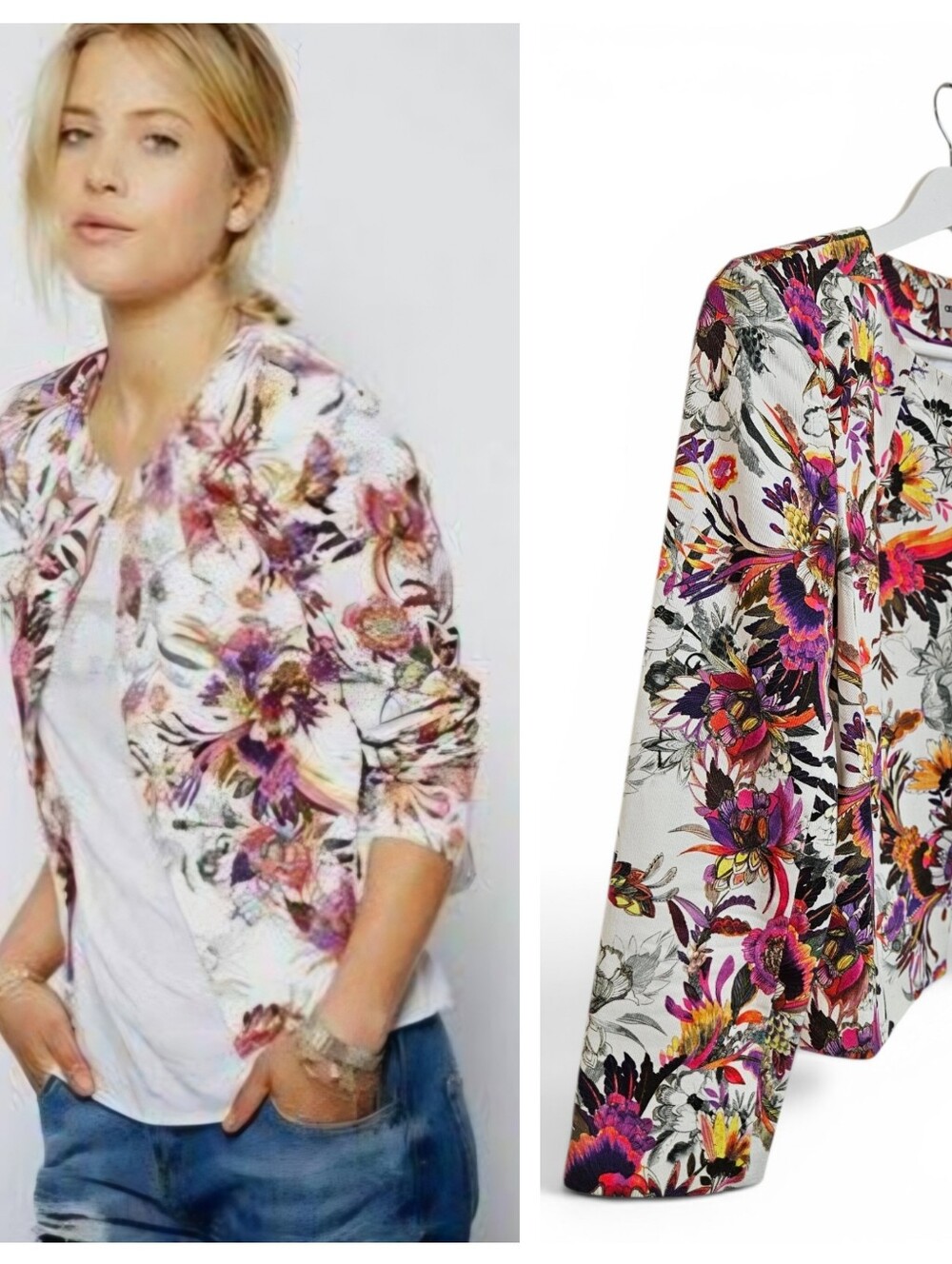 ASOS Floral Bird Print Cropped Blazer Size 8 Collarless Multicolor Jacket